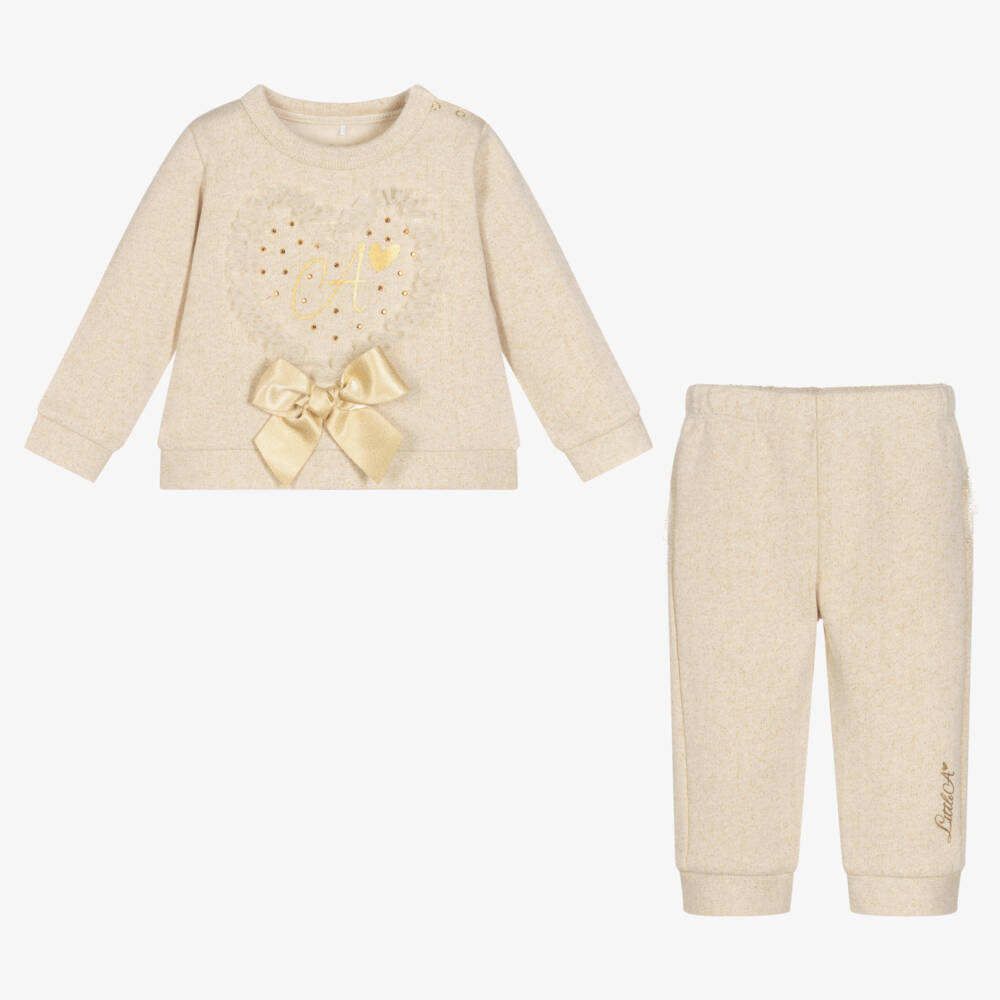 A Dee-Girls Beige & Gold Cotton Tracksuit | Childrensalon Outlet