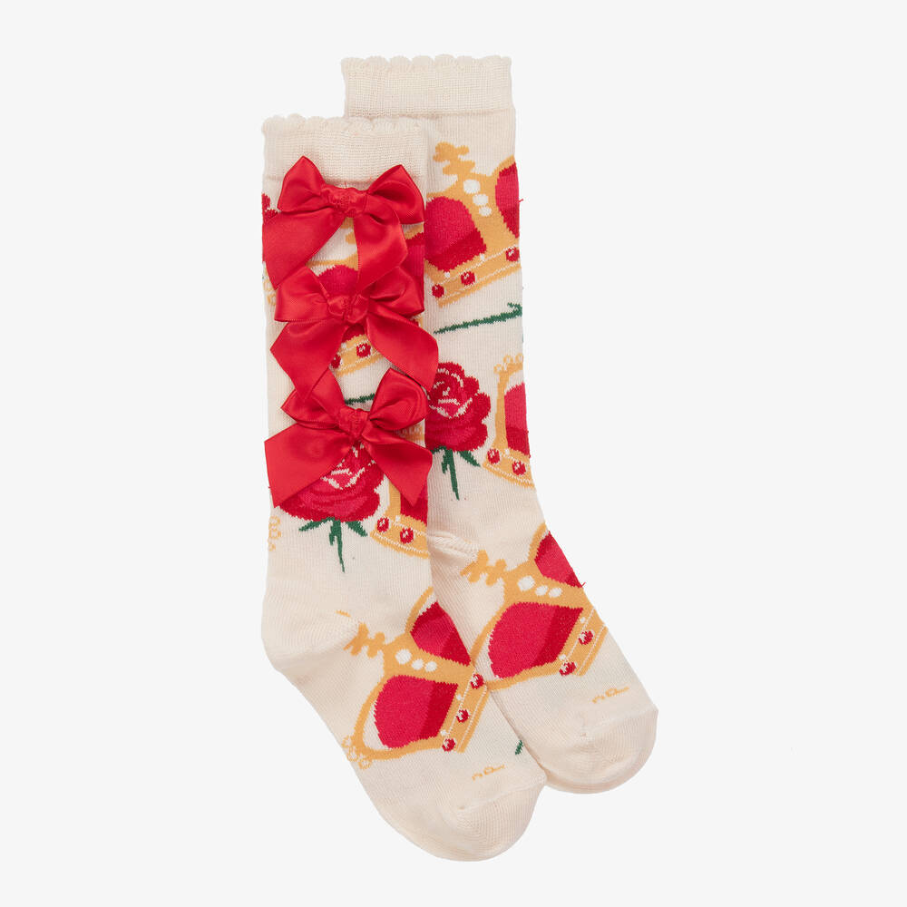 A Dee - Girls Beige & Red Crown Socks | Childrensalon