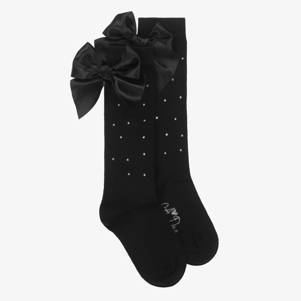 A Dee - Girls Black Cotton Bow & Diamanté Socks | Childrensalon