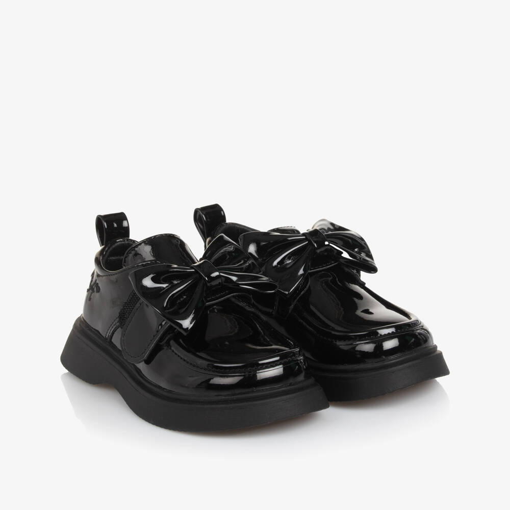 A Dee-Girls Black Faux Patent Leather Bow Shoes | Childrensalon Outlet