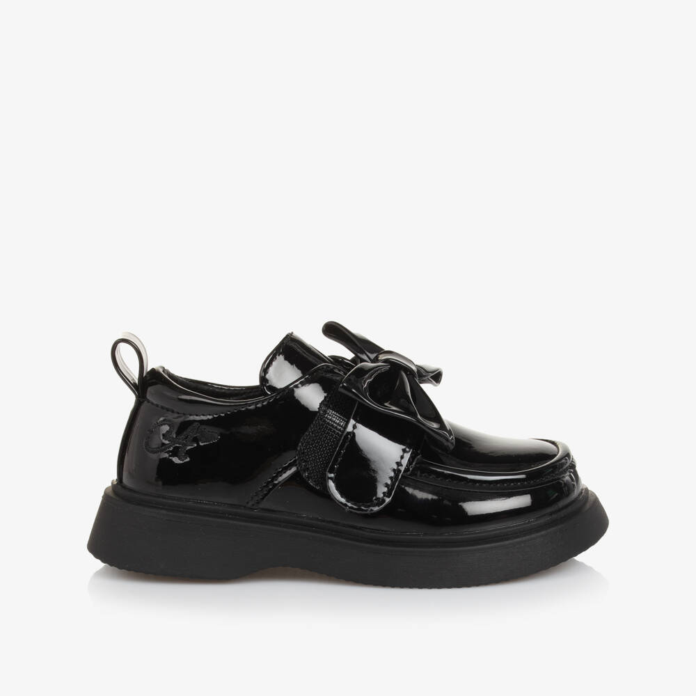 A Dee-Girls Black Faux Patent Leather Bow Shoes | Childrensalon Outlet