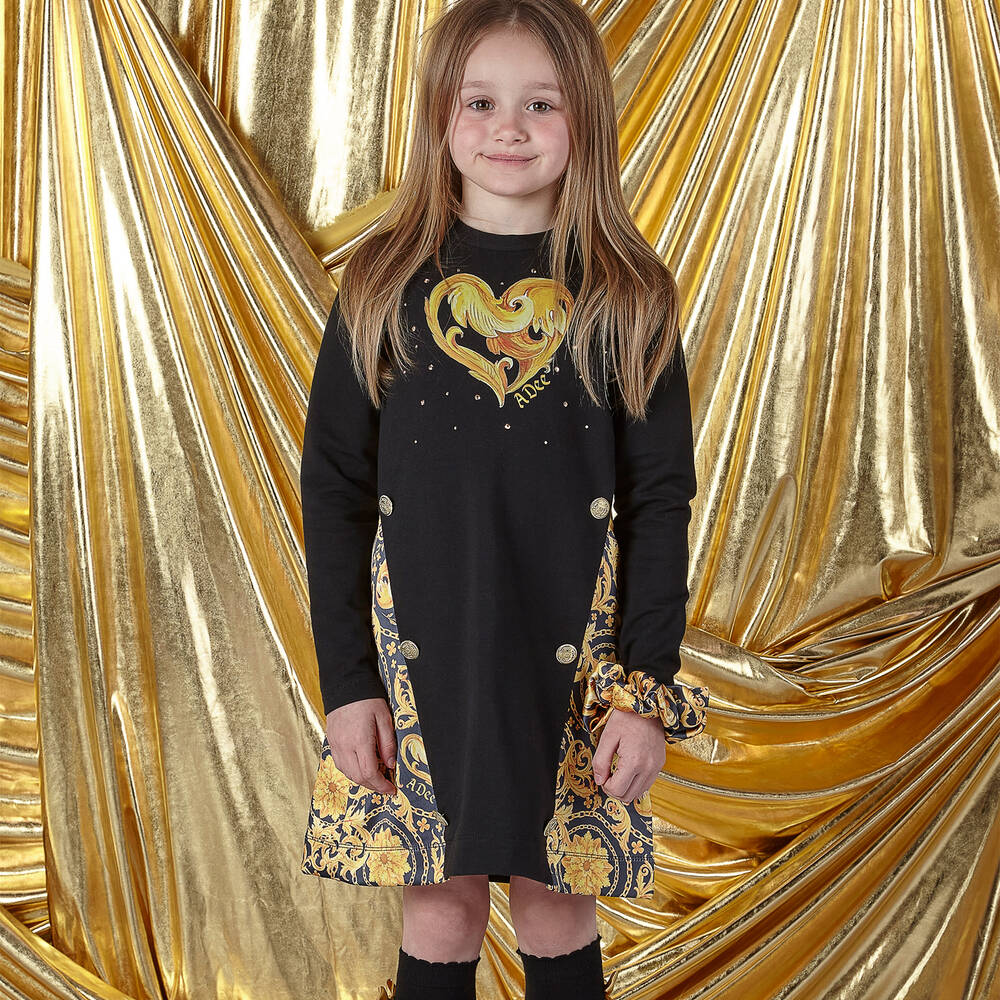 A Dee-فستان قطن جيرسي لون أسود وذهبي | Childrensalon Outlet