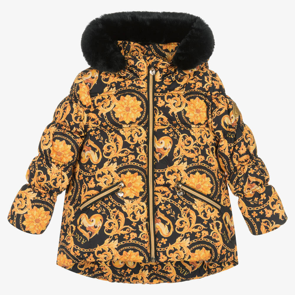 A Dee - Girls Black & Gold Hooded Coat | Childrensalon