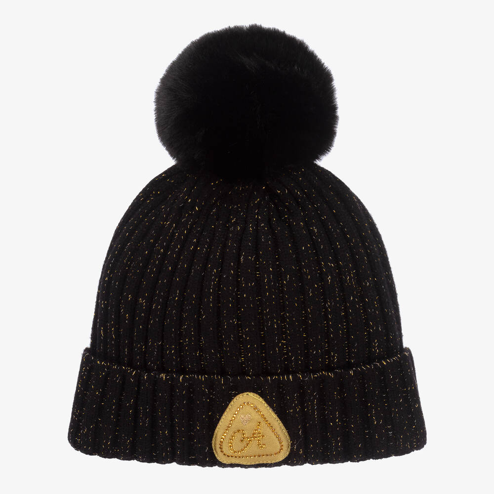 A Dee - Girls Black & Gold Knit Pom-Pom Hat | Childrensalon