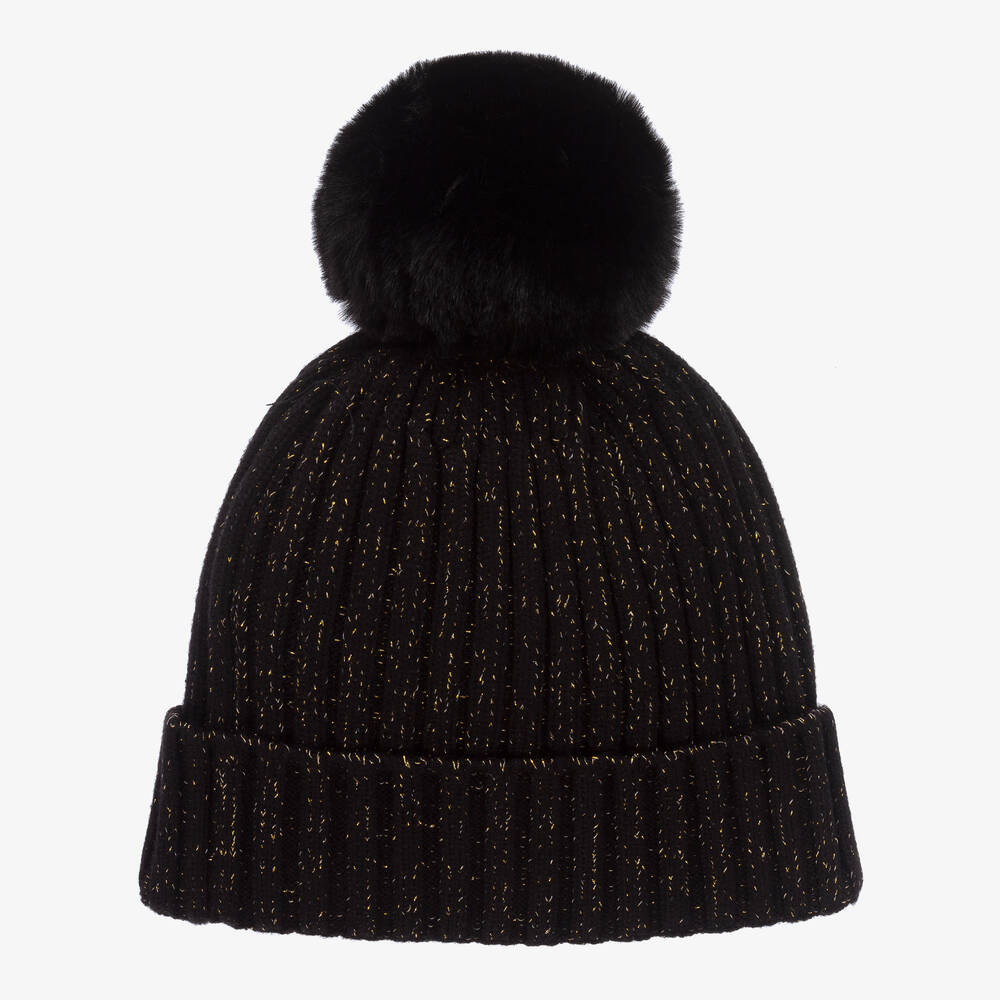 A Dee-Girls Black & Gold Knit Pom-Pom Hat | Childrensalon Outlet