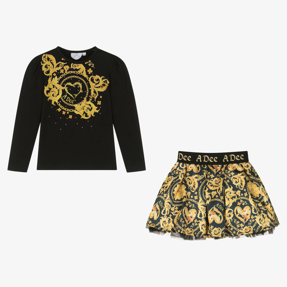 A Dee-طقم تنورة قطن جيرسي وتول لون أسود وذهبي | Childrensalon Outlet