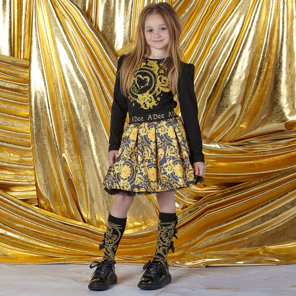 A Dee-طقم تنورة قطن جيرسي وتول لون أسود وذهبي | Childrensalon Outlet