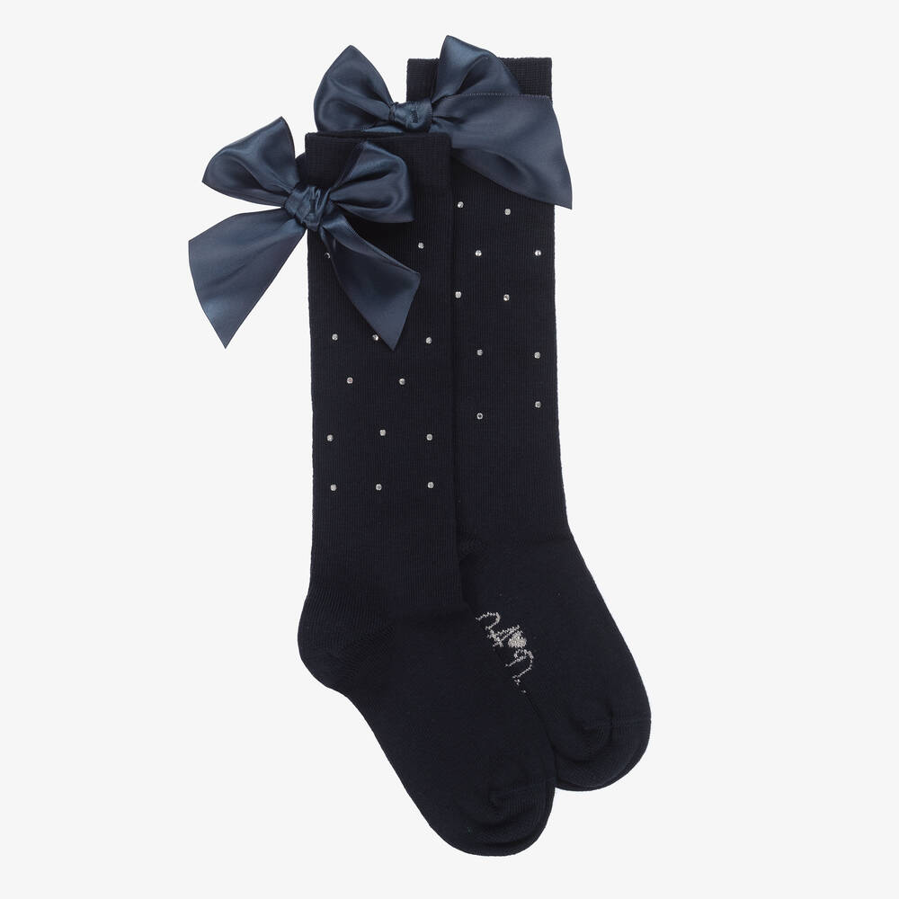 A Dee - Girls Blue Cotton Bow & Diamanté Socks | Childrensalon