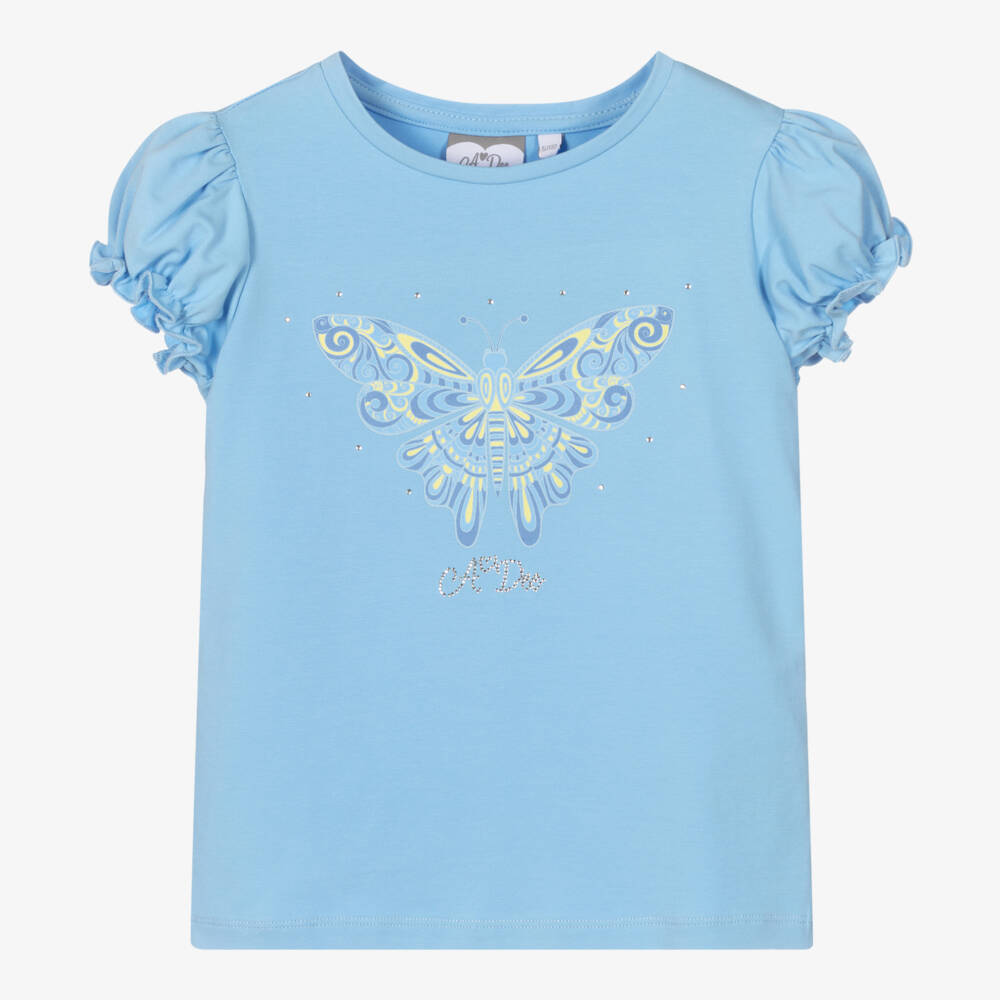 A Dee-Girls Blue Cotton Butterfly T-Shirt | Childrensalon Outlet