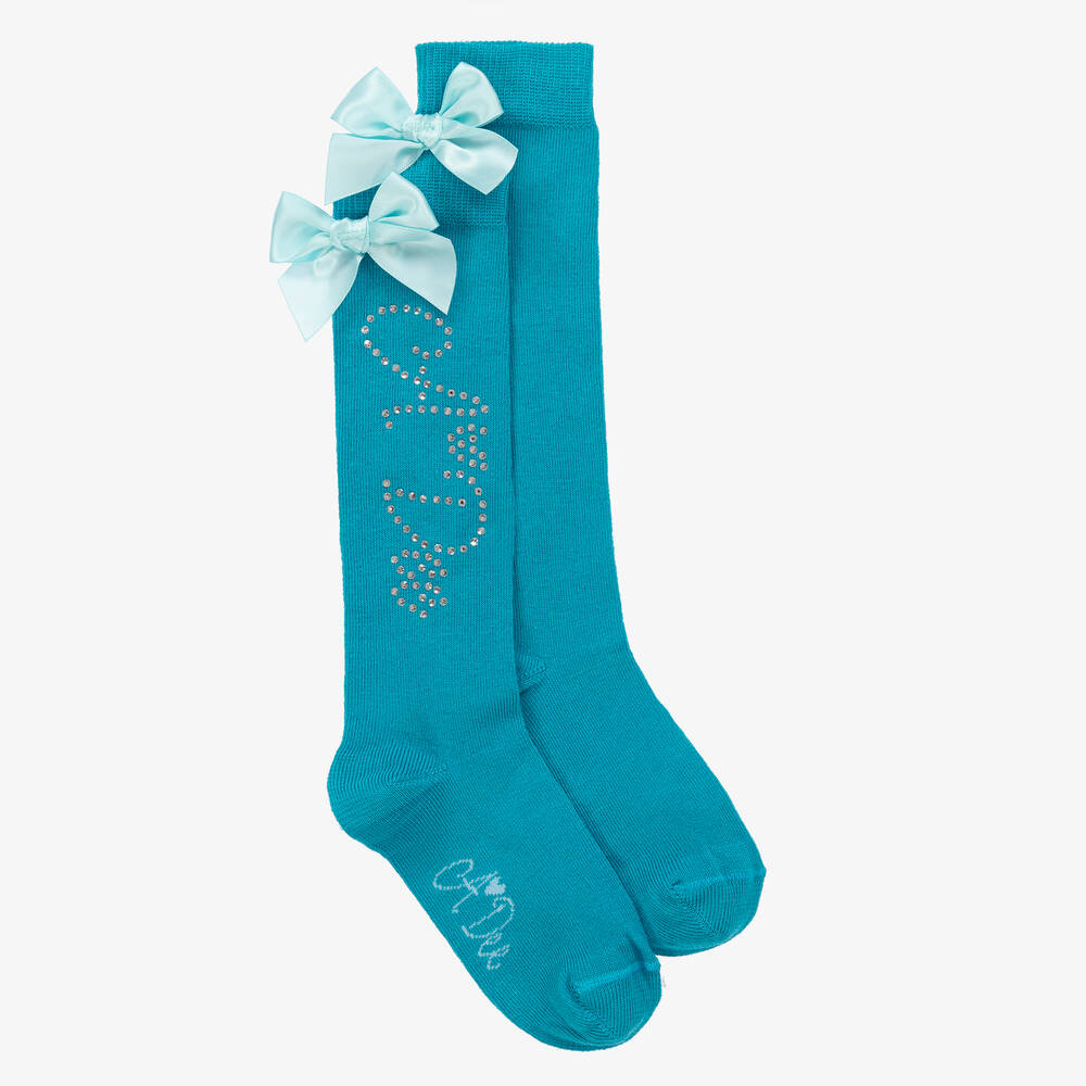 A Dee - Girls Blue Cotton Diamanté Socks | Childrensalon