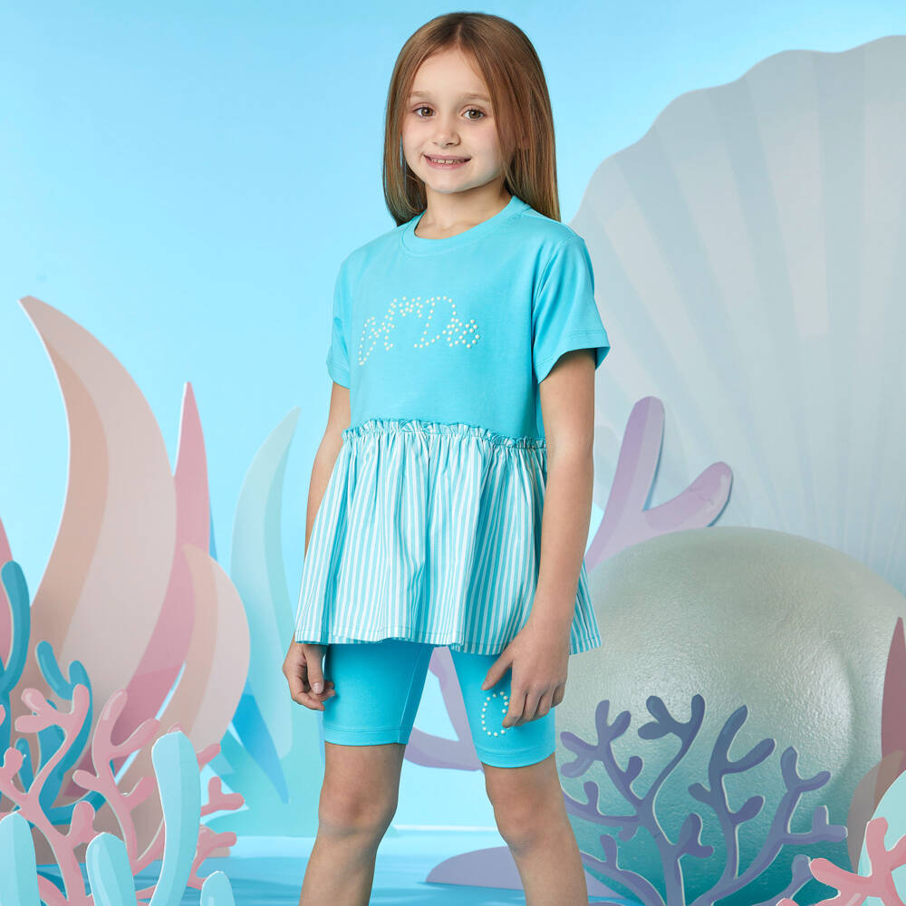 A Dee-Girls Blue Cotton Shorts Set | Childrensalon Outlet