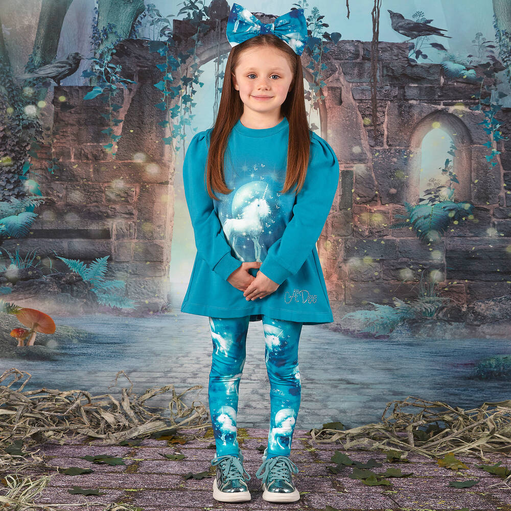 A Dee-Girls Blue Cotton Unicorn Leggings Set | Childrensalon Outlet