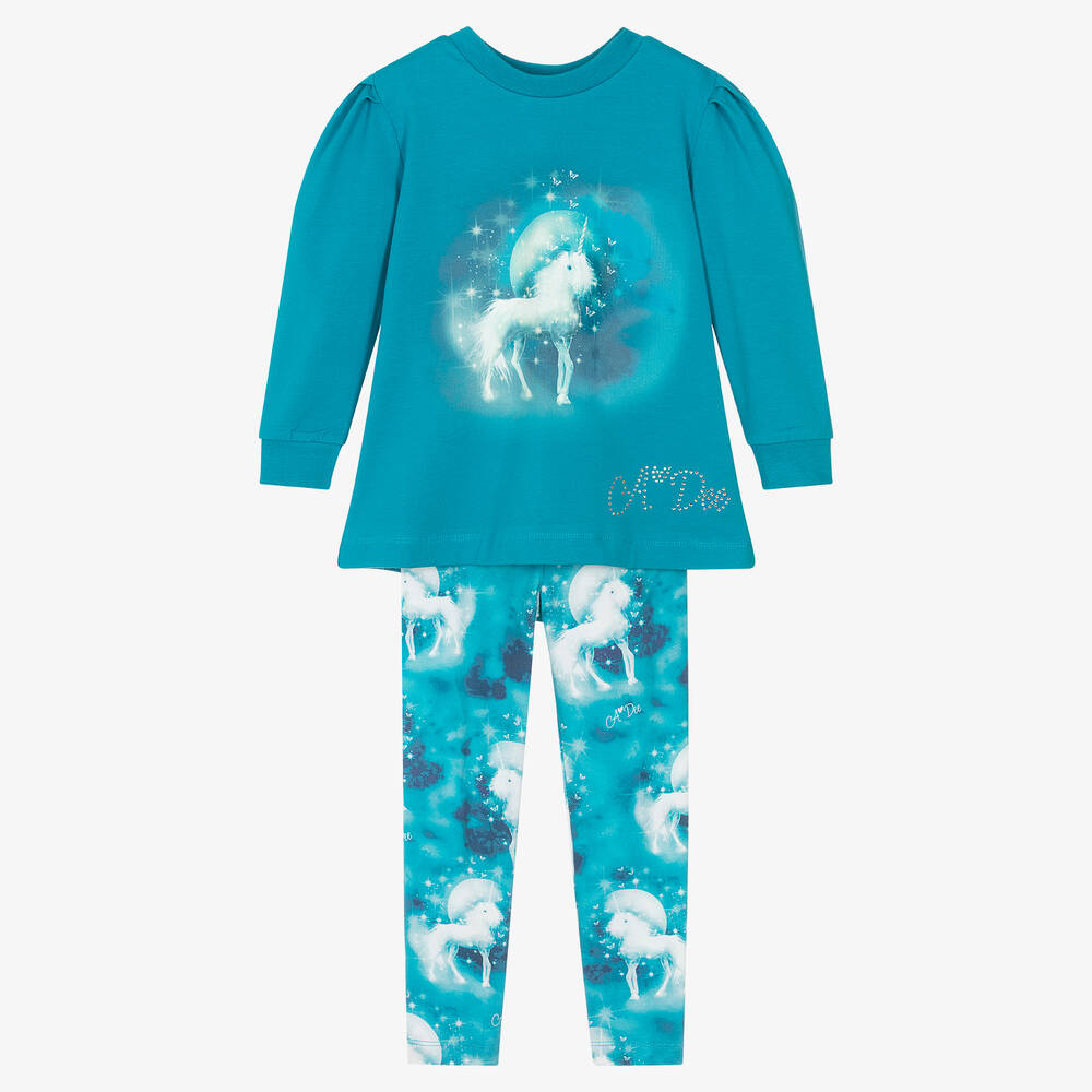 A Dee - Girls Blue Cotton Unicorn Leggings Set | Childrensalon