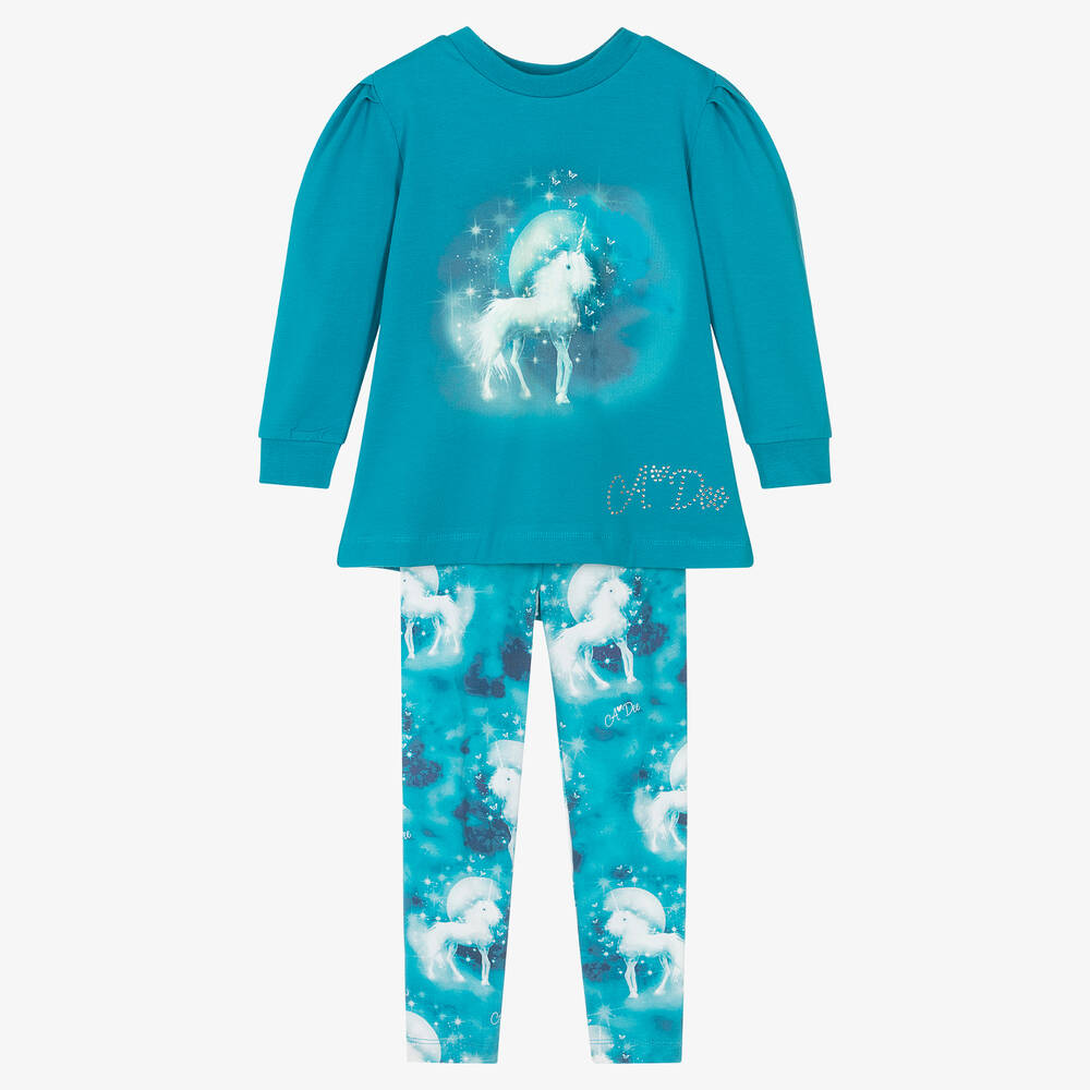 A Dee - Blaues Einhorn-Baumwollleggings-Set | Childrensalon