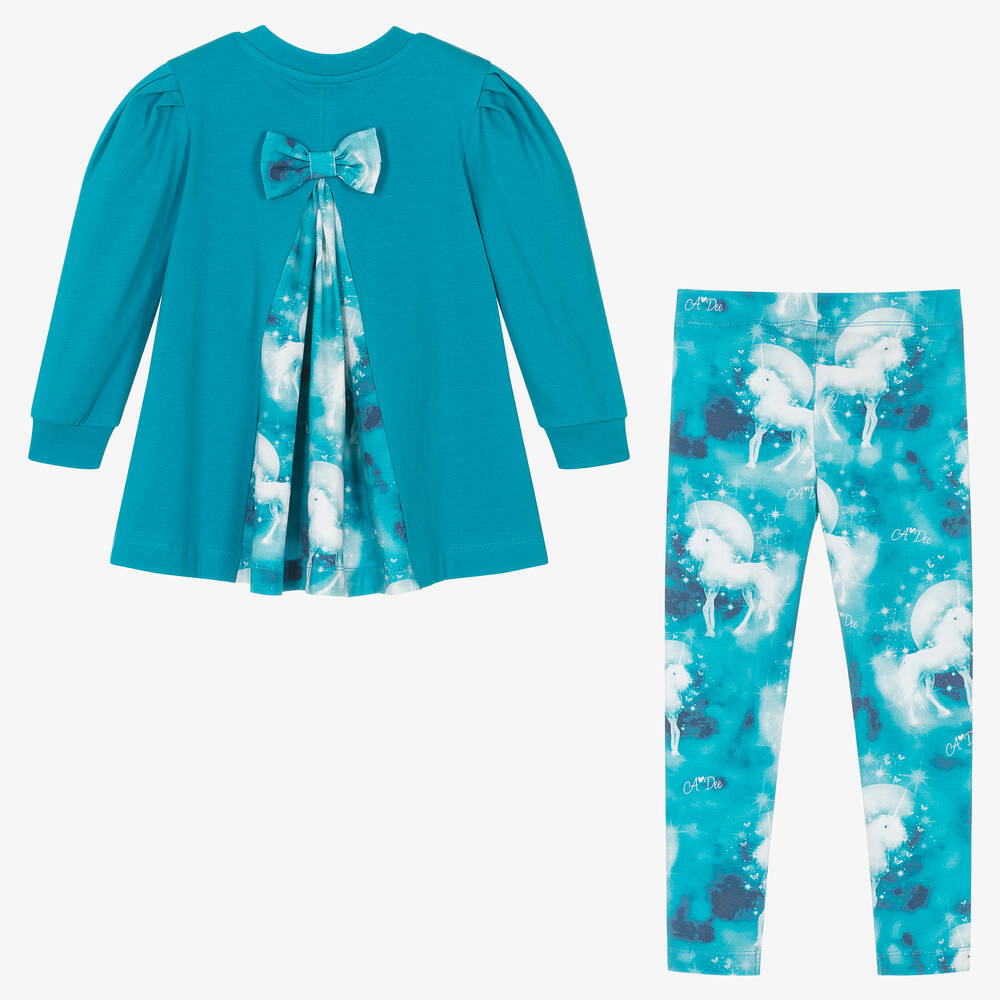 A Dee-Girls Blue Cotton Unicorn Leggings Set | Childrensalon Outlet