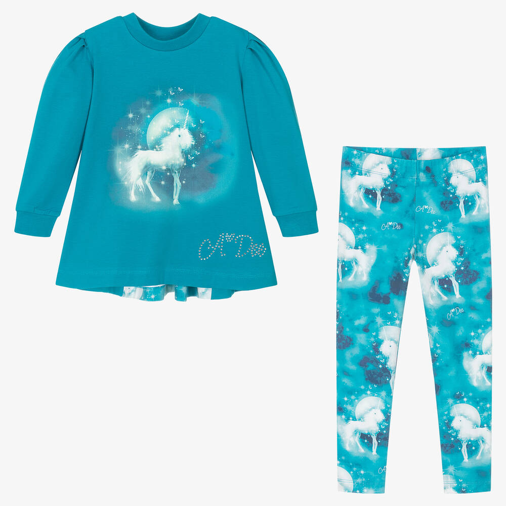 A Dee-Girls Blue Cotton Unicorn Leggings Set | Childrensalon Outlet