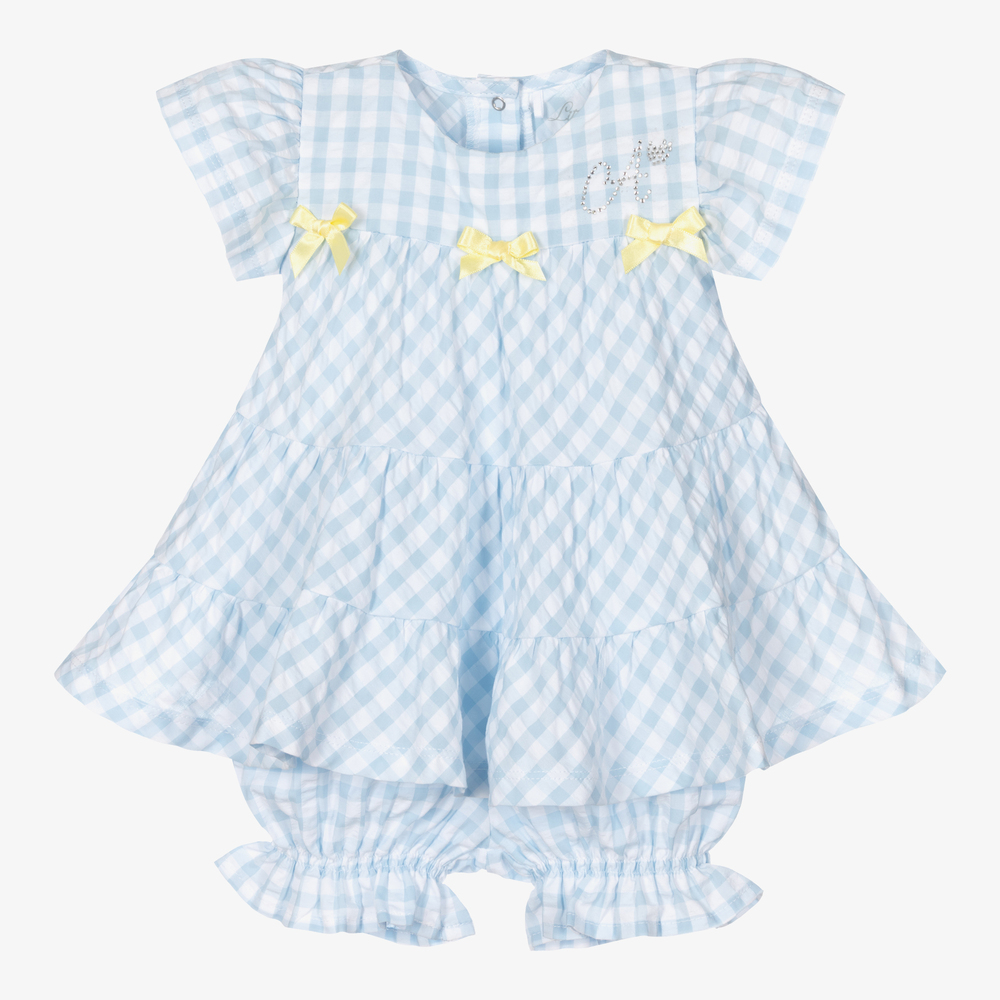 A Dee - Голубое платье в мелкую клетку и панталоны для девочек | Childrensalon