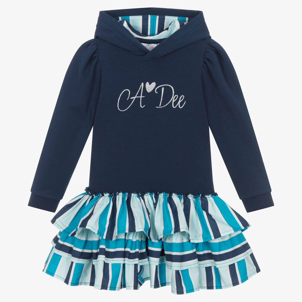 A Dee - Girls Blue Hooded Sweatshirt Dress | Childrensalon