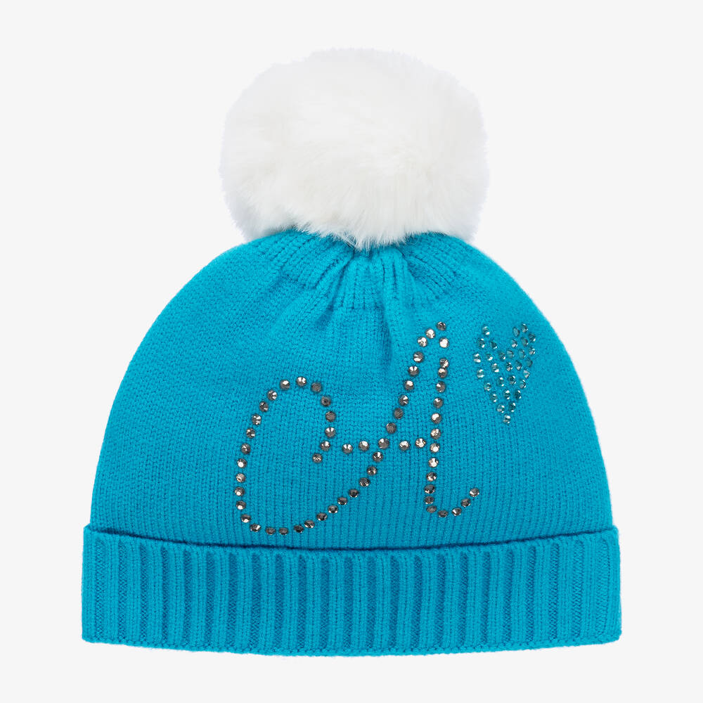 A Dee - Girls Blue Knitted Pom-Pom Hat | Childrensalon
