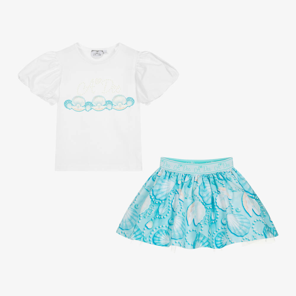 A Dee-طقم تنورة بطبعة صدف لون أزرق | Childrensalon Outlet
