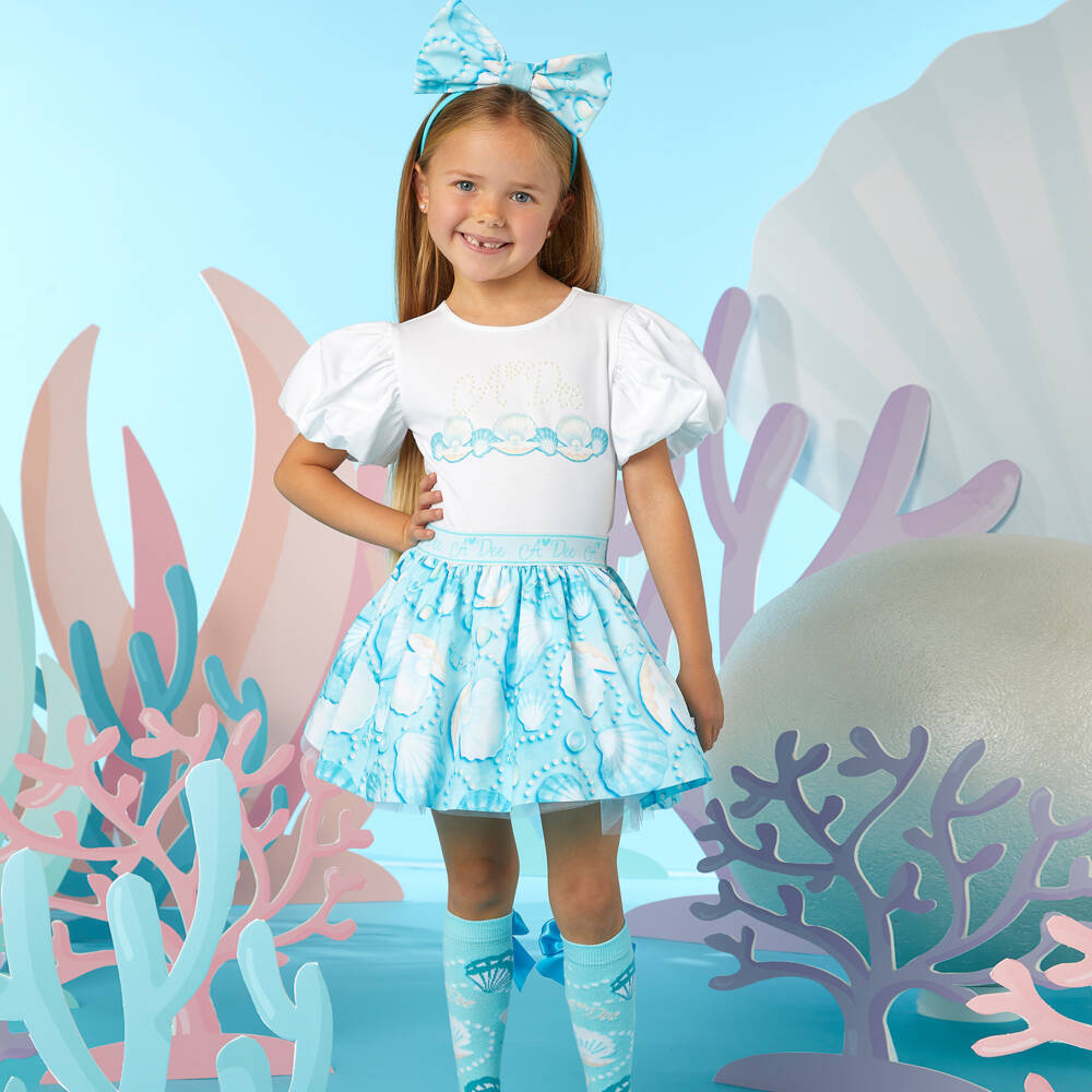 A Dee-طقم تنورة بطبعة صدف لون أزرق | Childrensalon Outlet