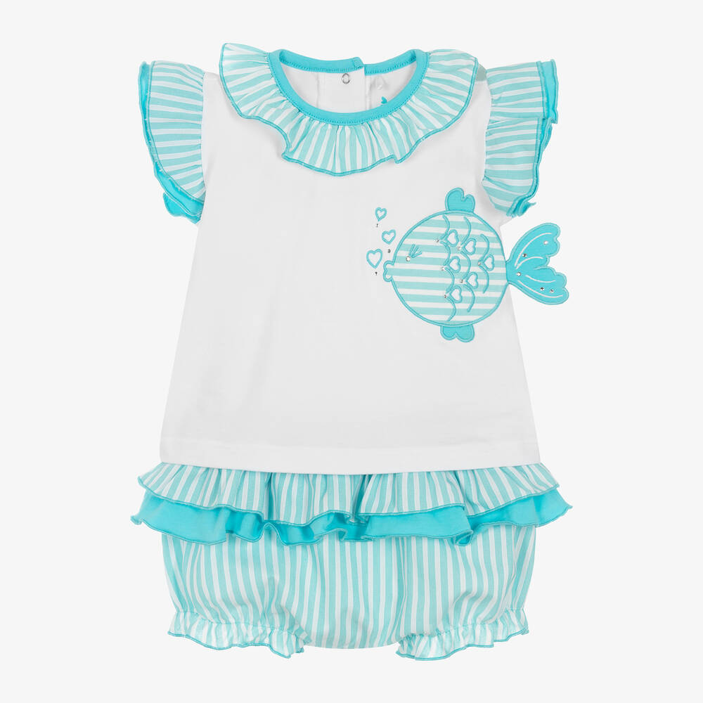 A Dee-Girls Blue Striped Cotton Shorts Set | Childrensalon Outlet