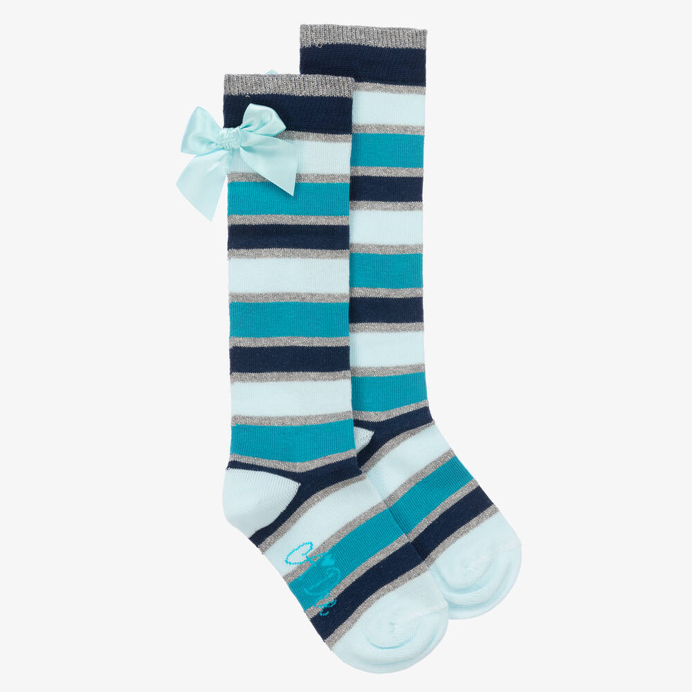 A Dee - Girls Blue Striped Knee High Cotton Socks | Childrensalon