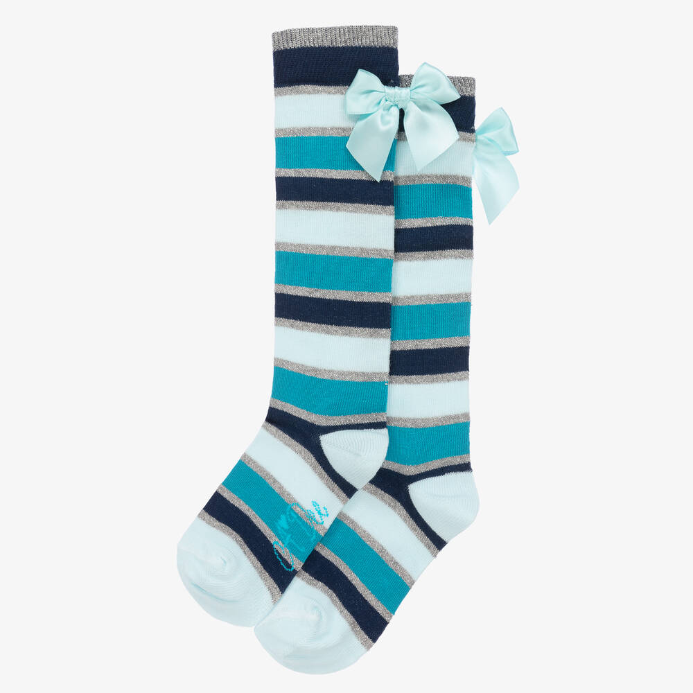 آدي-جوارب طويلة قطن محبوك مقلمة لون أزرق للبنات | Childrensalon Outlet