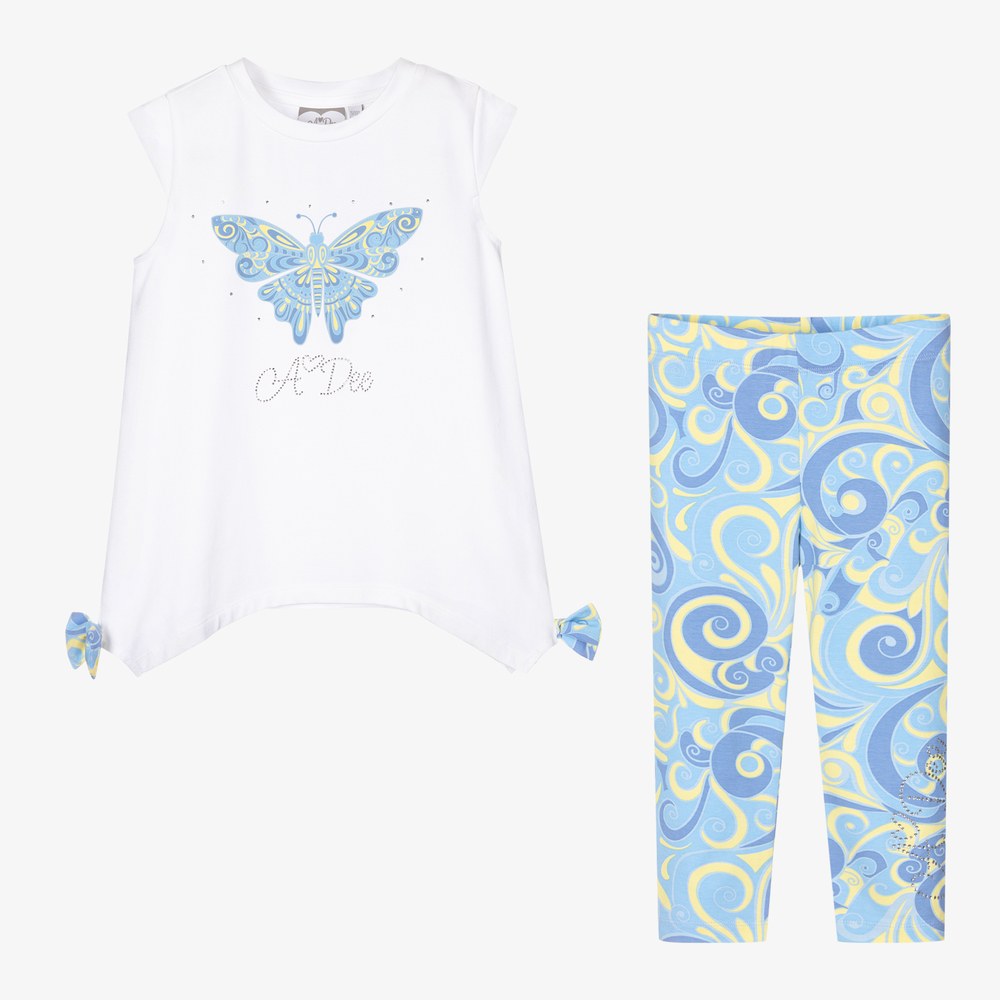 A Dee-طقم ليغنغز قطن جيرسي لون أزرق وأبيض للبنات | Childrensalon Outlet