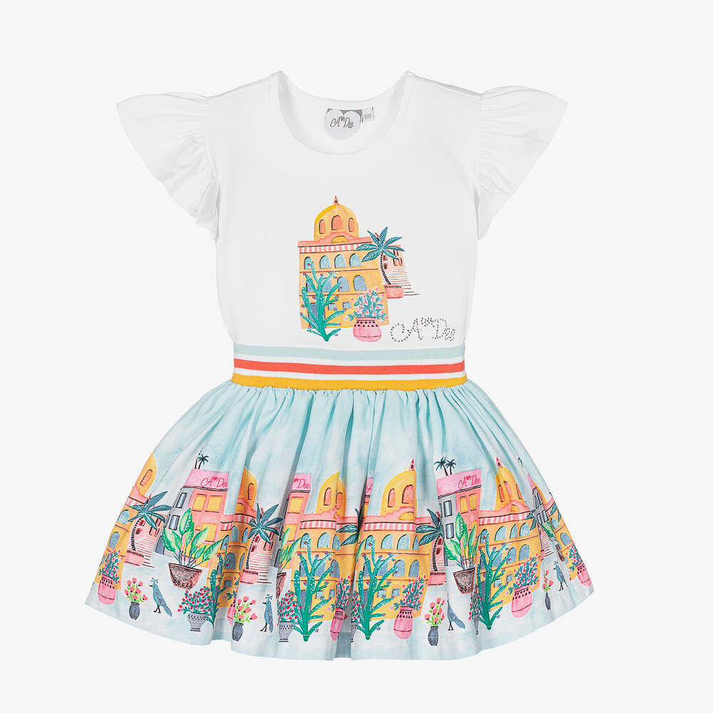A Dee-طقم تنورة مزيج قطن لون أزرق وأبيض | Childrensalon Outlet