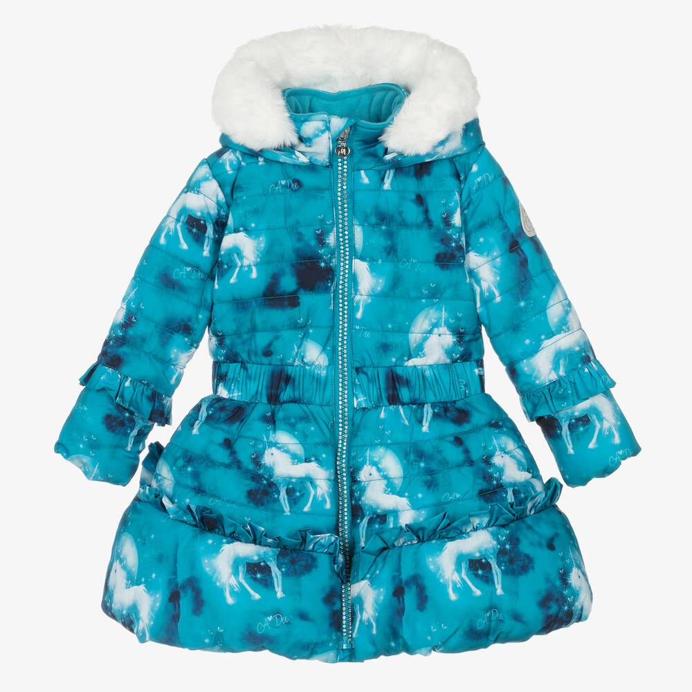 A Dee - Girls Blue Unicorn Puffer Coat | Childrensalon