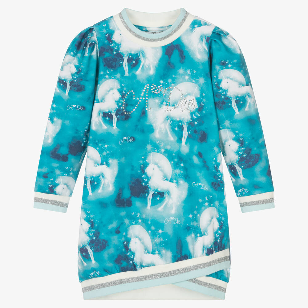 A Dee - Robe-sweat bleue à licornes fille | Childrensalon