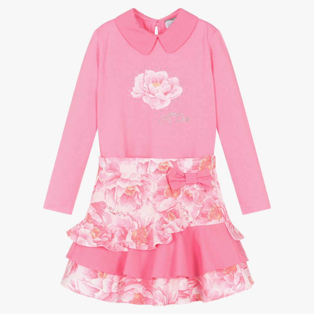 A Dee - Girls Bright Pink Floral Skirt Set | Childrensalon