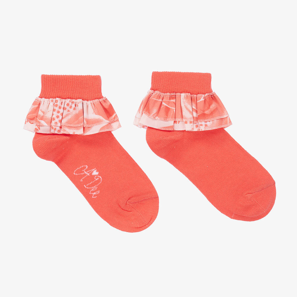 A Dee - Girls Coral Pink Frilly Ankle Socks | Childrensalon