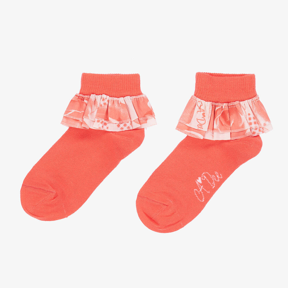 A Dee-Girls Coral Pink Frilly Ankle Socks | Childrensalon Outlet