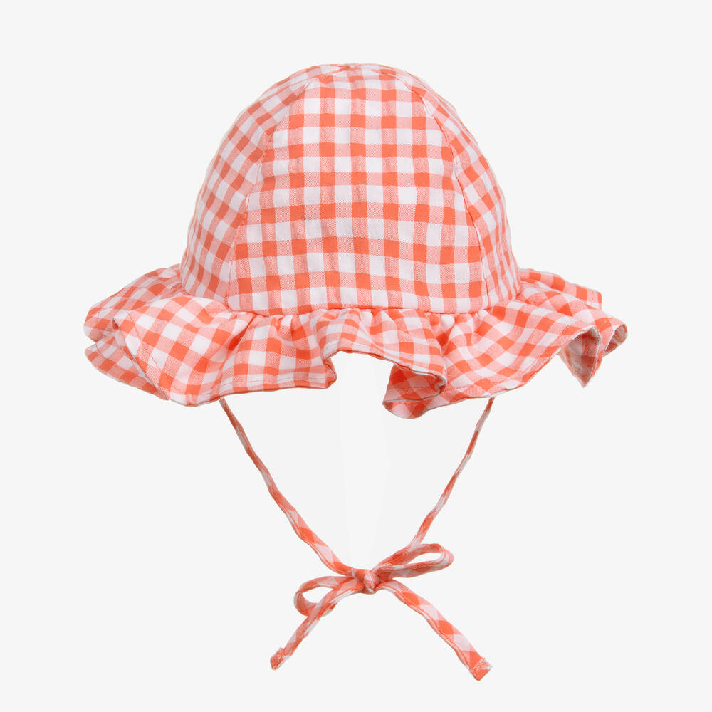 A Dee - Girls Coral Pink Gingham Cotton Hat | Childrensalon