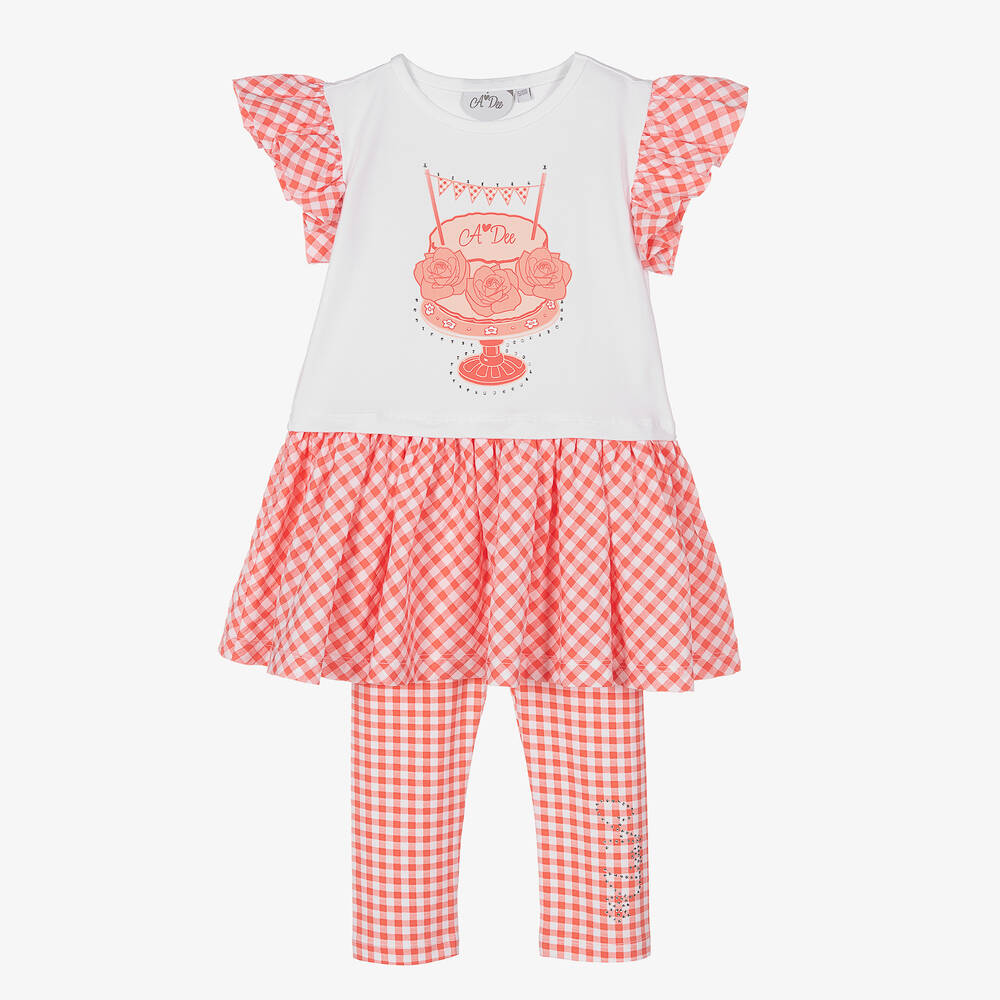 A Dee - Girls Coral Pink Gingham Leggings Set | Childrensalon