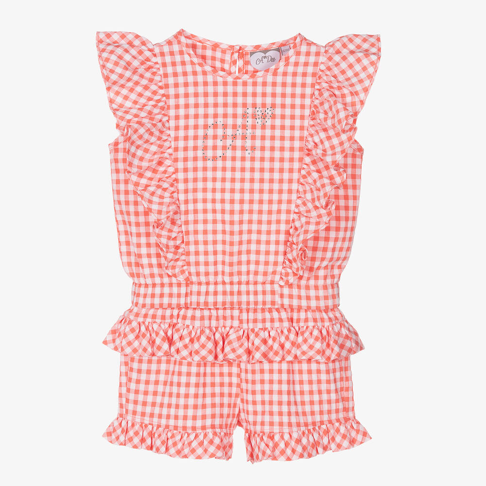 A Dee - Girls Coral Pink Gingham Shorts Set | Childrensalon