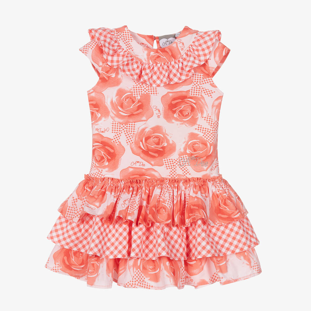 A Dee - Girls Coral Pink Rose Print Cotton Dress | Childrensalon
