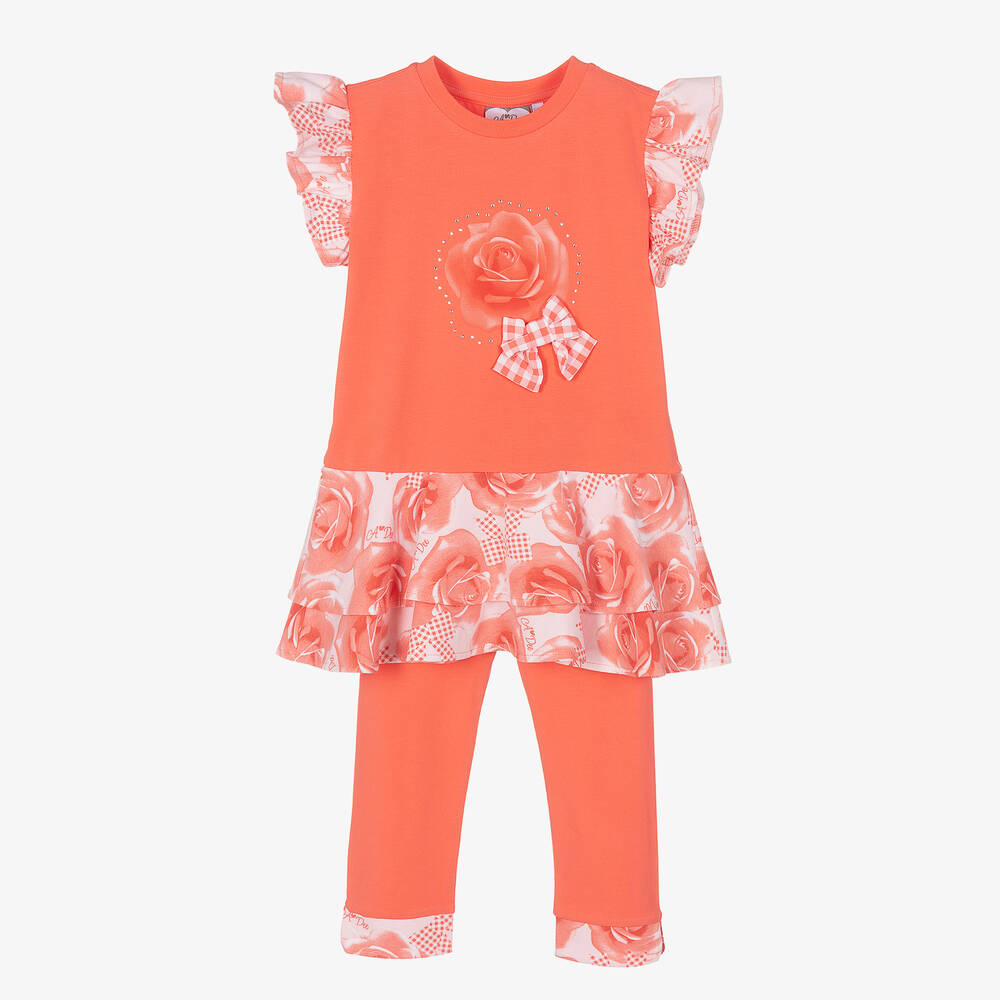 A Dee - Girls Coral Pink Rose Print Leggings Set | Childrensalon