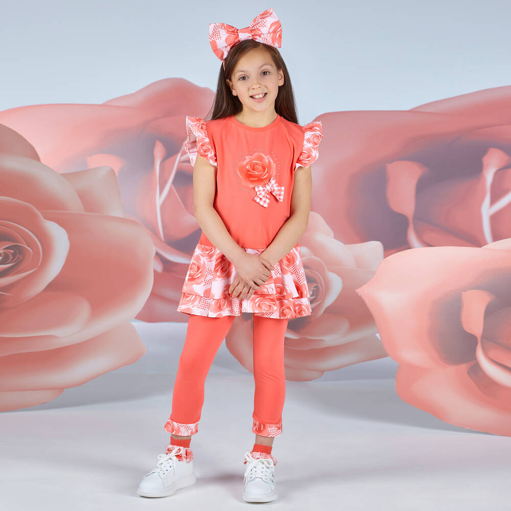 A Dee-Кораллово-розовый топ с розами и легинсы | Childrensalon Outlet