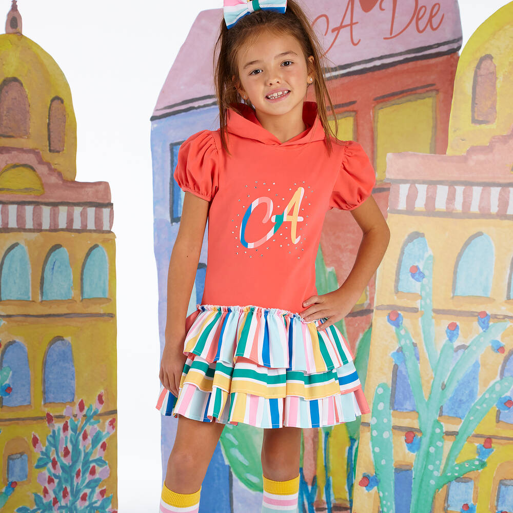 A Dee-فستان هودي قطن جيرسي لون زهري مرجاني | Childrensalon Outlet