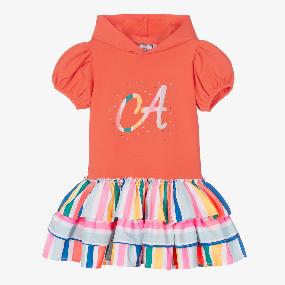 A Dee - Girls Coral Pink Stripe Hooded Dress | Childrensalon