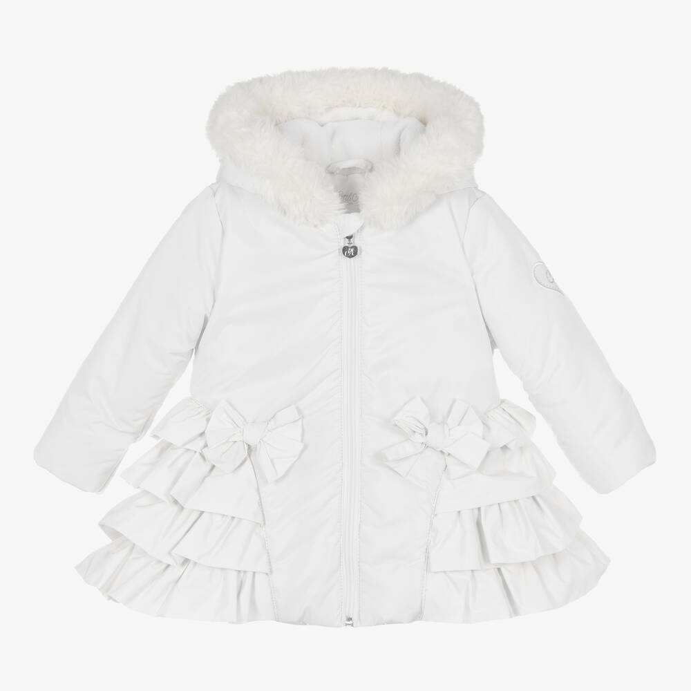 A Dee - Girls Frilly Hooded White Coat | Childrensalon