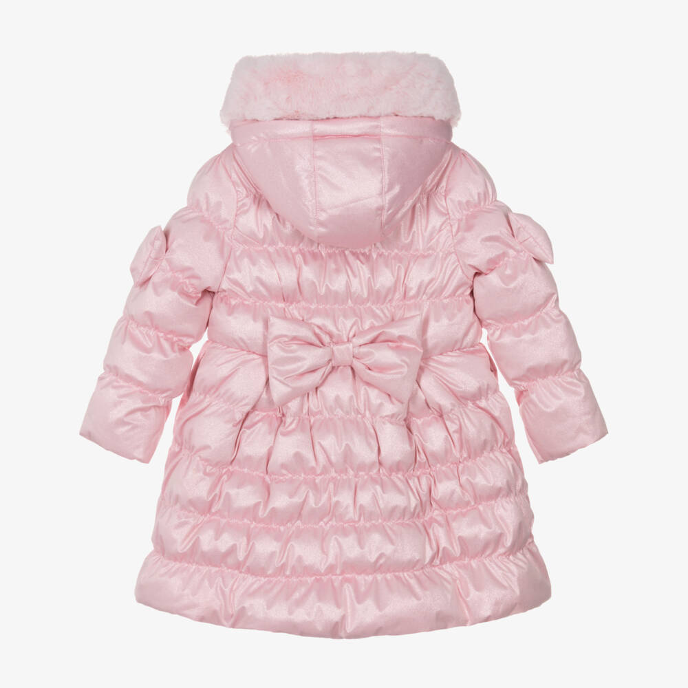 A Dee-Girls Glittery Pink Hooded Puffer Coat with Bows & Faux Fur | Childrensalon Outlet