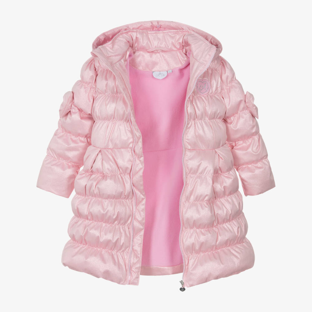 A Dee-Girls Glittery Pink Hooded Puffer Coat with Bows & Faux Fur | Childrensalon Outlet
