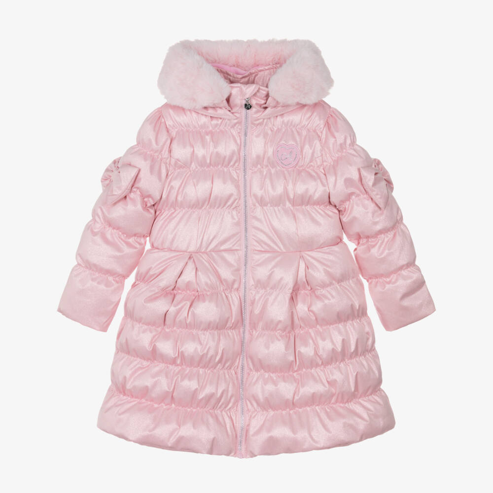 A Dee-Girls Glittery Pink Hooded Puffer Coat with Bows & Faux Fur  | Childrensalon Outlet