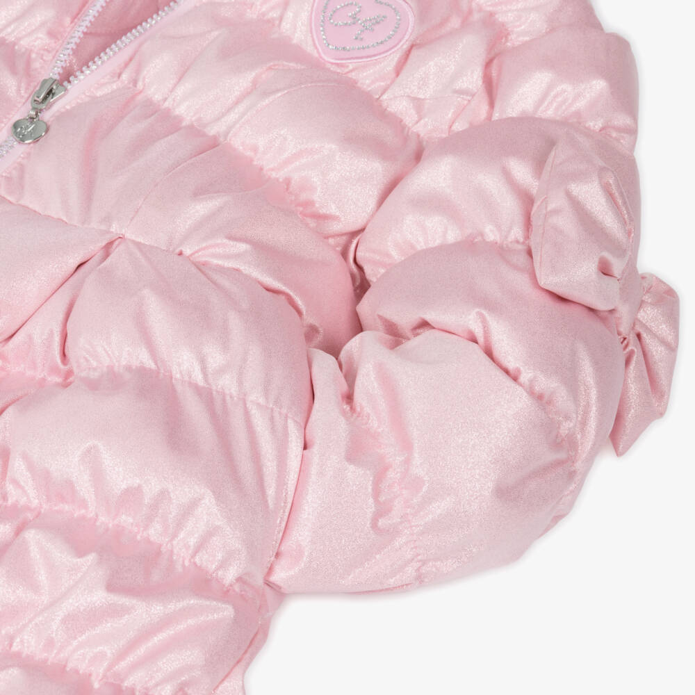 A Dee-Girls Glittery Pink Hooded Puffer Coat with Bows & Faux Fur | Childrensalon Outlet