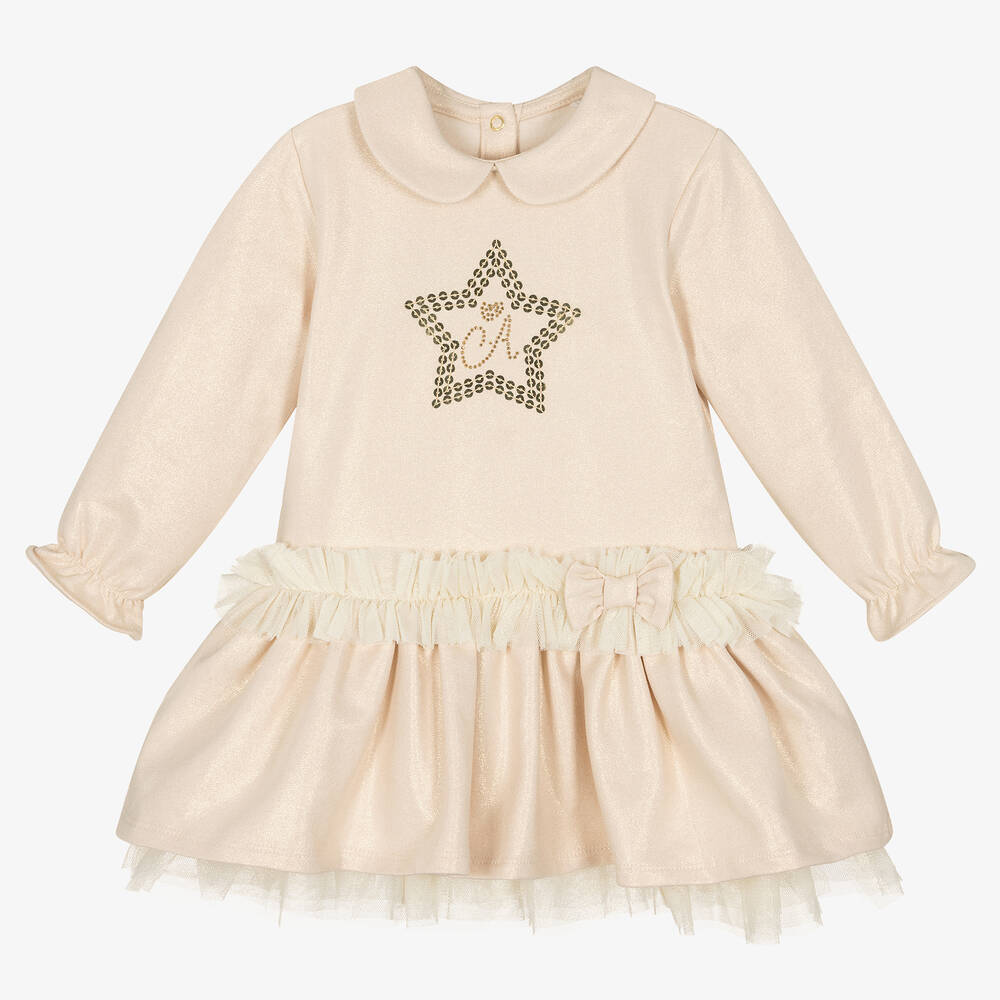 A Dee - Girls Gold Cotton Jersey Dress | Childrensalon