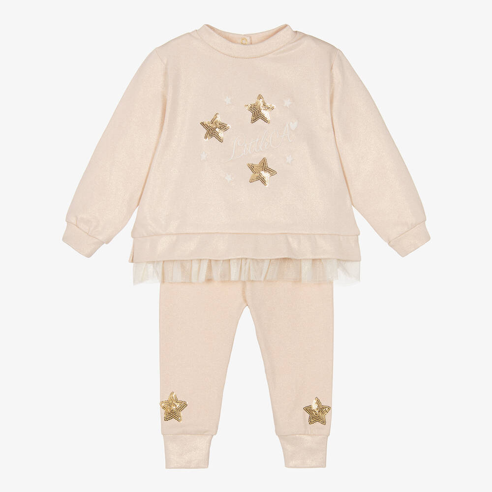 A Dee - Girls Gold Cotton Jersey Star Tracksuit | Childrensalon